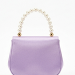 Front view of Bella lavender mini satin handbag with pearl top handle