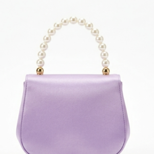 Front view of Bella lavender mini satin handbag with pearl top handle