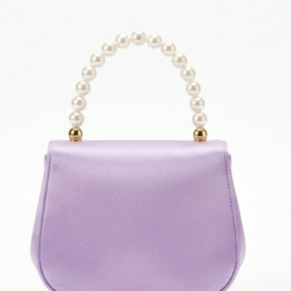 Front view of Bella lavender mini satin handbag with pearl top handle