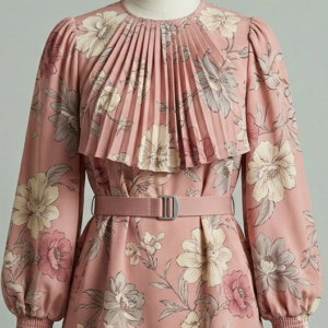 Women's soft rose botanical floral blouse with pleated front bib on ghost mannequin.
