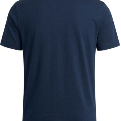 Rear view of mens navy blue t-shirt showing seamless construction