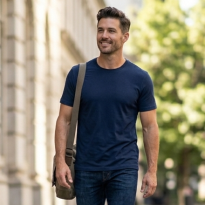 Modern man wearing navy blue cotton t-shirt walking in sunlit city