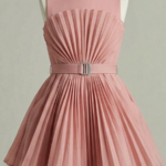 Baby girl's soft rose formal occasion dress with dynamic sunburst pleating on ghost mannequin.