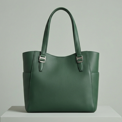 Deep forest green structured leather tote bag on a minimalist studio pedestal.